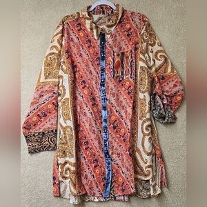 Soft Surroundings 1X Brynn Boho Tunic Velvet Accent Button Blouse Paisley Shirt